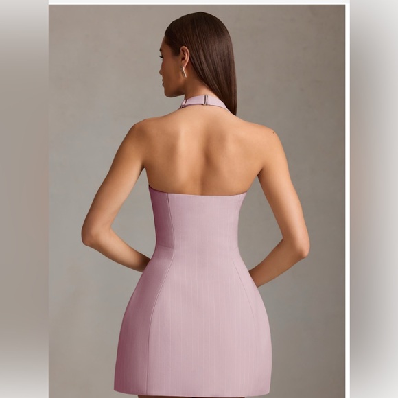 Pinstripe Halterneck Structured A-Line Mini Dress in Mauve - Picture 2 of 3